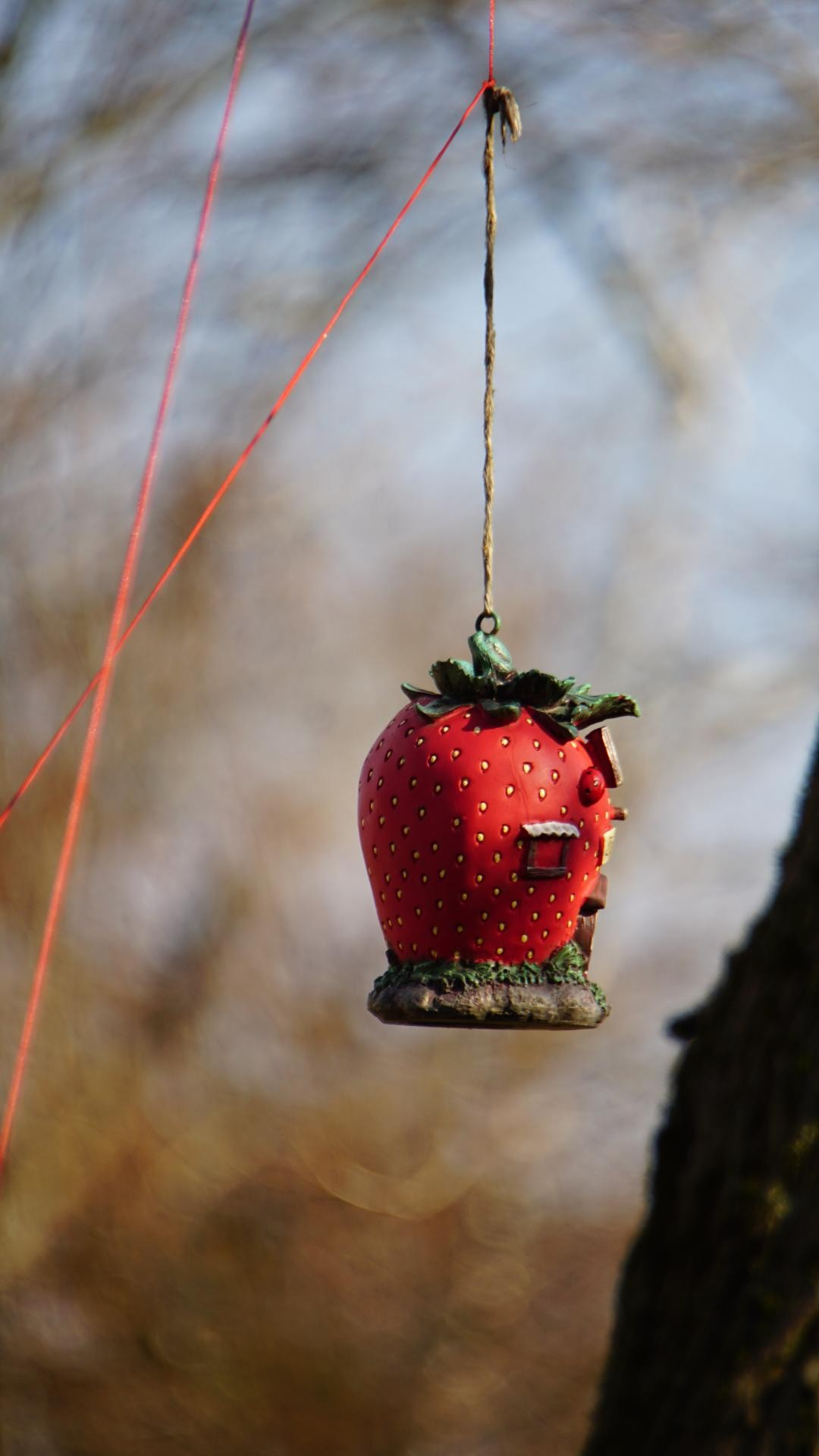eine Holzerdbeere mit Fensterchen und Tür, die an einer Schnur hängt eine Holzerdbeere mit Fensterchen und Tür, die an einer Schnur hängt
