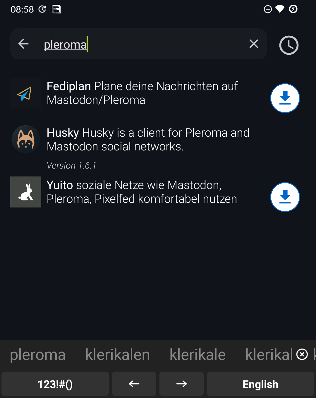 Fdroid-Ergebnisse
- fediplan
- husky
- yuito

Es gäbe weitere Clients, aber zumindest werden einige relevante angezeigt UND KEIN TOTALER SCHEISS! 