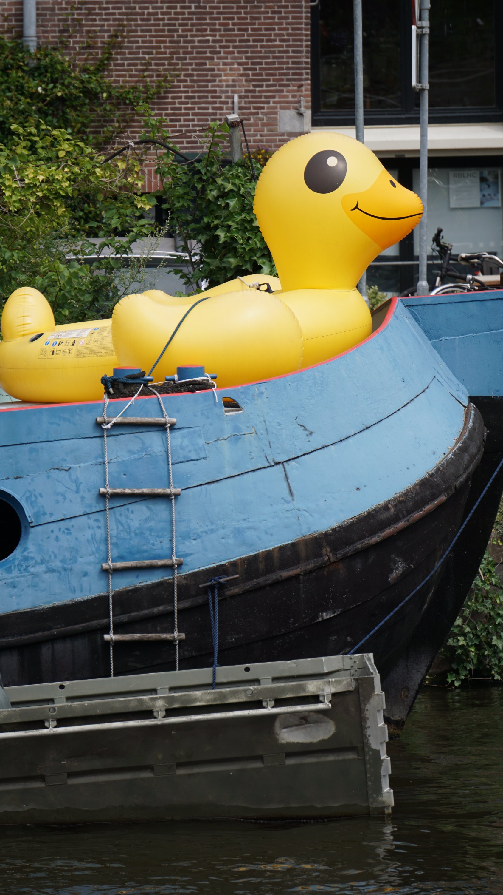 Große, gelbe, aufgepustete Ente (Boot? Schwimmhilfe?) am Bug eines Hausbootes in Amsterdam 

Strickleiter darunter, ins Wasser 