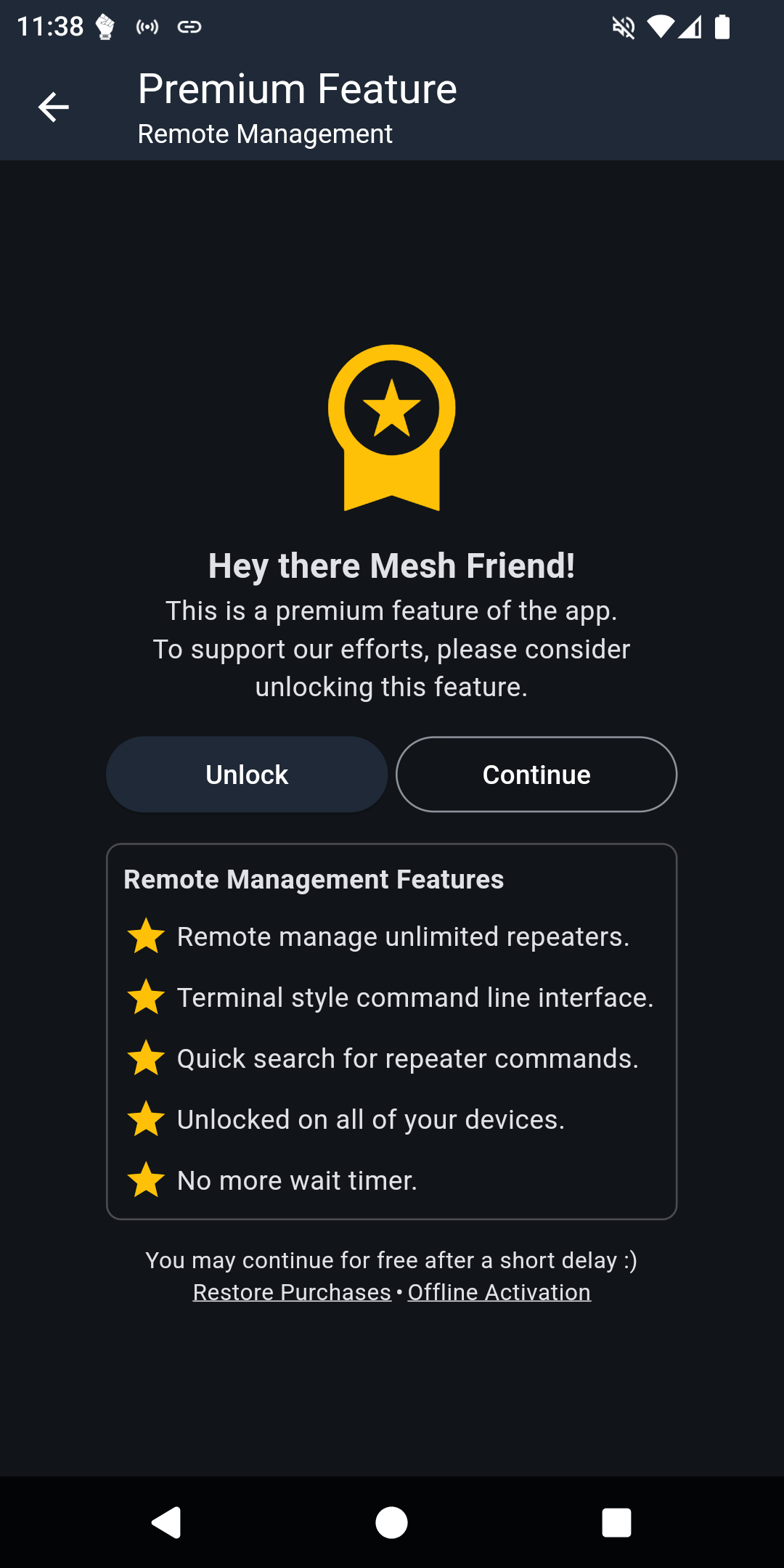 MeshCore-App-Bezahlscreen für Premiumfunktionen