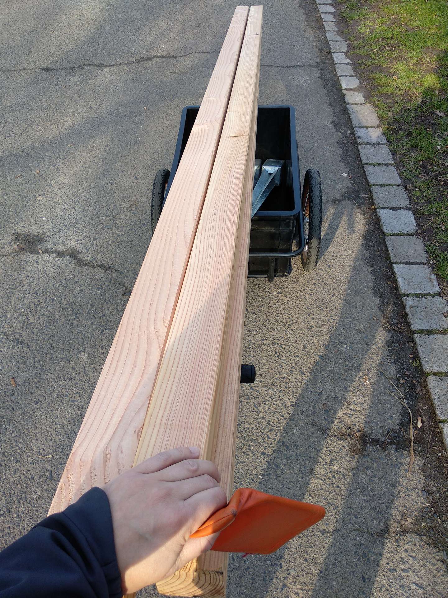4 Balken mit 3m Länge auf einem Fahrradanhänger/Handwagen 4 Balken mit 3m Länge auf einem Fahrradanhänger/Handwagen