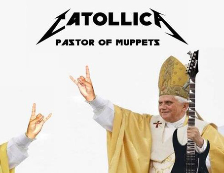Meme image
text: Catholica - Pastor of muppets, shown is a pope holding some e-guitar and metal gestures