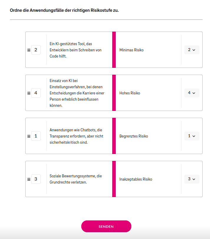 Zuordnungs-Frage aus einer Schulung
4 LLM-Anwendungen sollen nach ihrem Risiko sortiert werden.
Antworten wie im Text beschrieben zugeordnet.
ja, das sind echt die als richtig-bewerteten Antworten! Zuordnungs-Frage aus einer Schulung
4 LLM-Anwendungen sollen nach ihrem Risiko sortiert werden.
Antworten wie im Text beschrieben zugeordnet.
ja, das sind echt die als richtig-bewerteten Antworten!