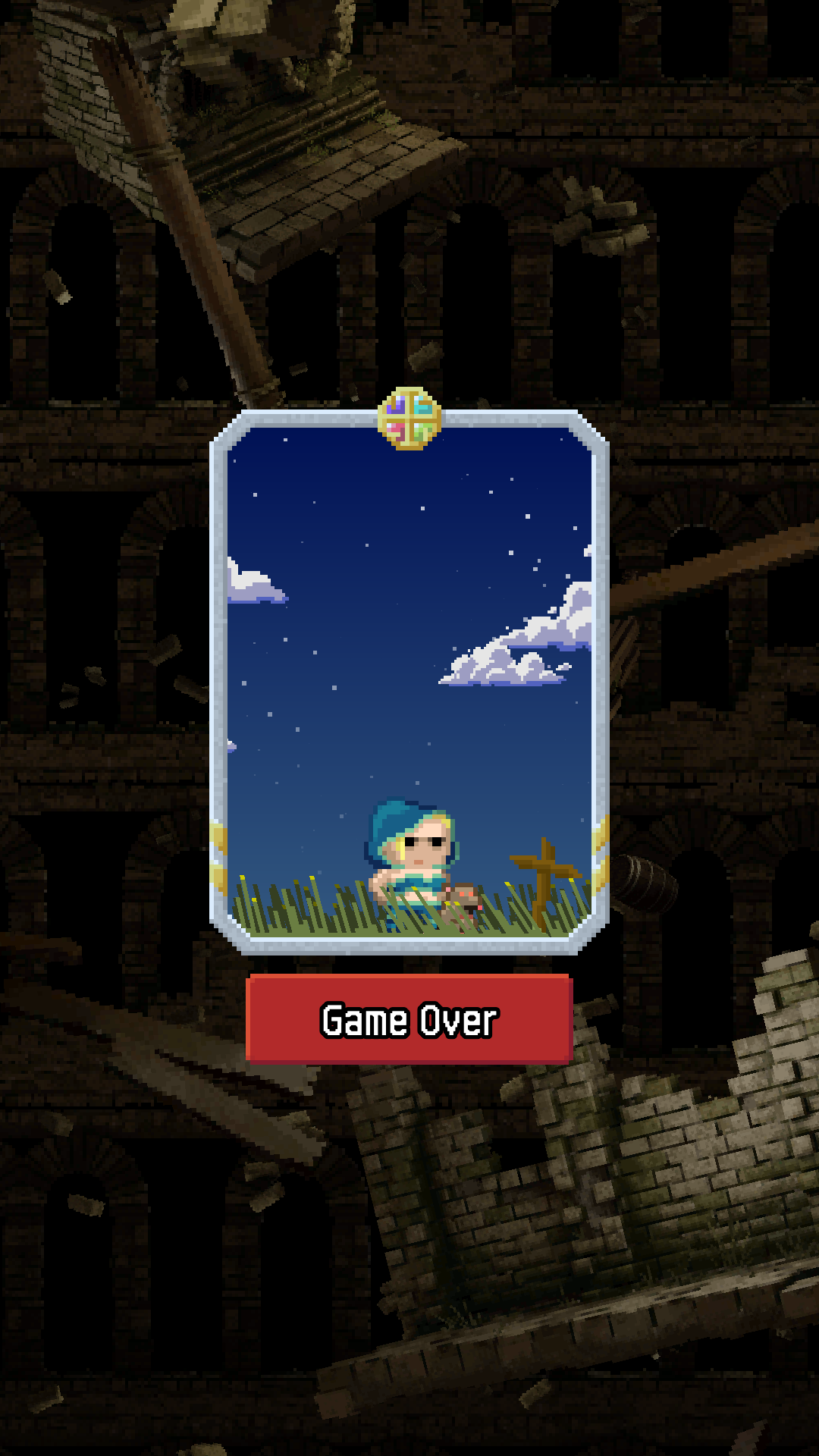 Game Over screen with rat and grave stone of previous hero