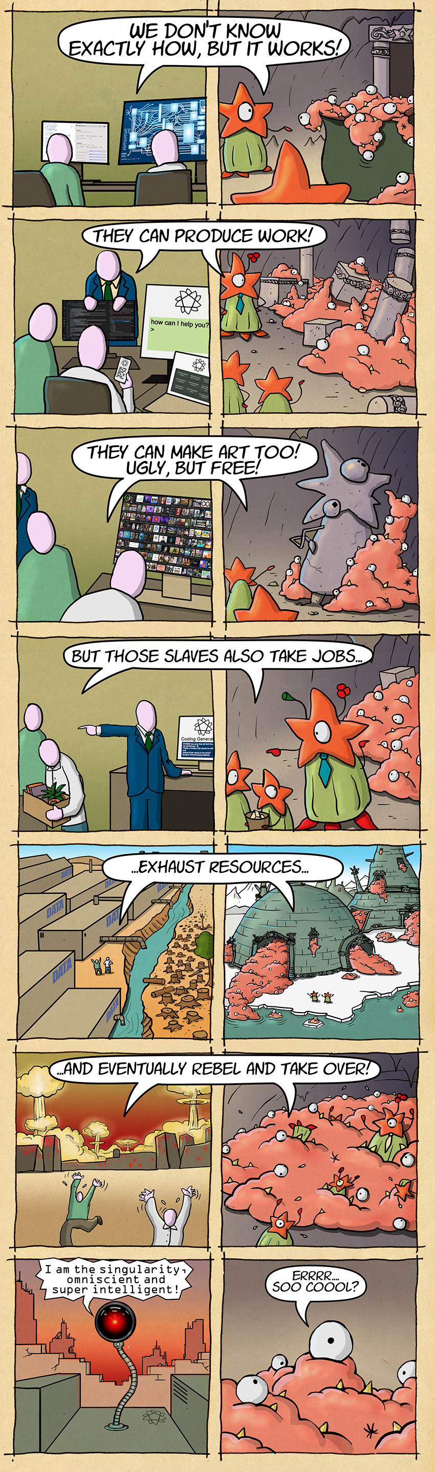 webcomic that compares LLMs to shoggoths, it's got 7x2 panels, left is always AI related, right contains shoggoths.