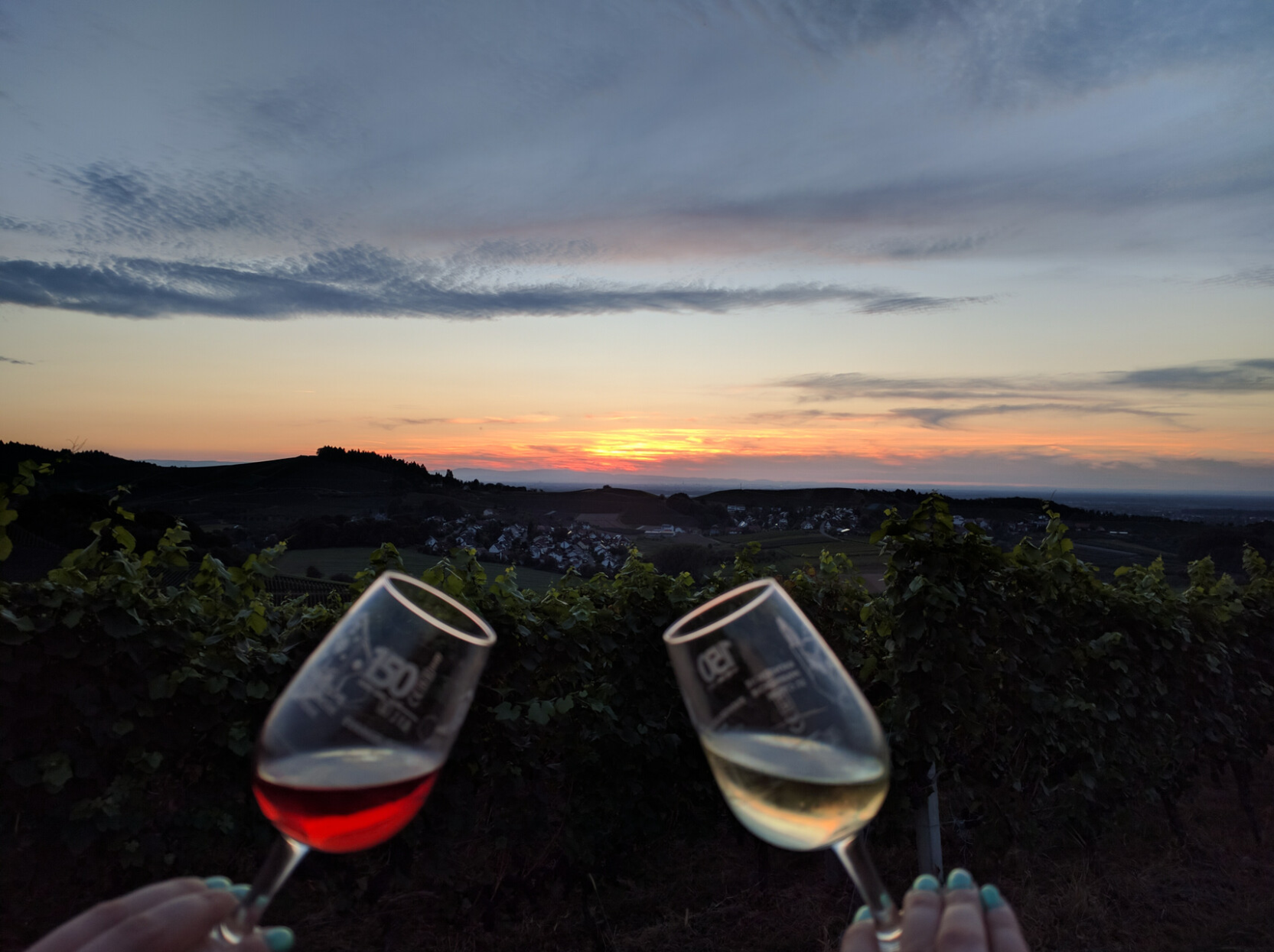zwei Weingläser auf einem Weinberg, im Sonnenuntergang zwei Weingläser auf einem Weinberg, im Sonnenuntergang