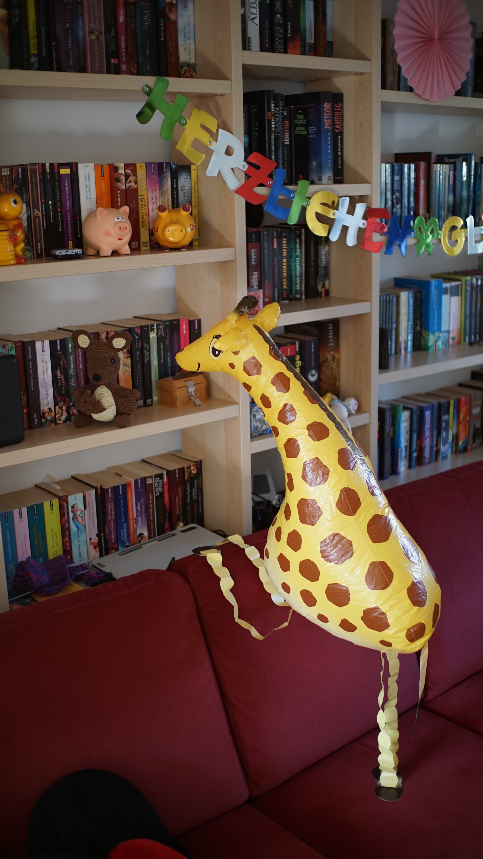 Anderer Blickwinkel, Giraffe vor Bücherregal 
