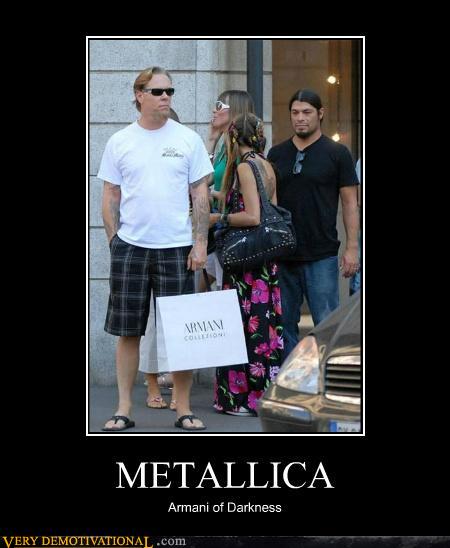 Members of Metallica, with shopping bag labeled with Armani — Text below: "Metallica - Armani of darkness "