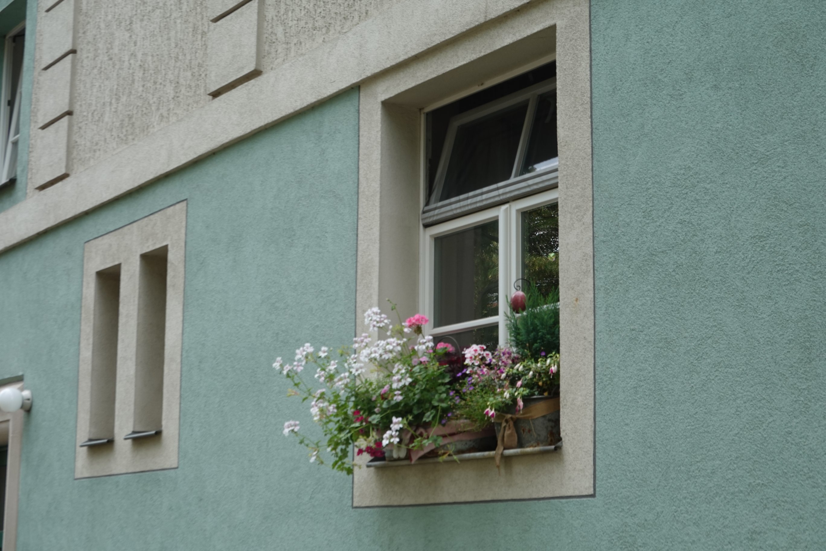 Minz-blaue Wand, bunte Bepflanzung 