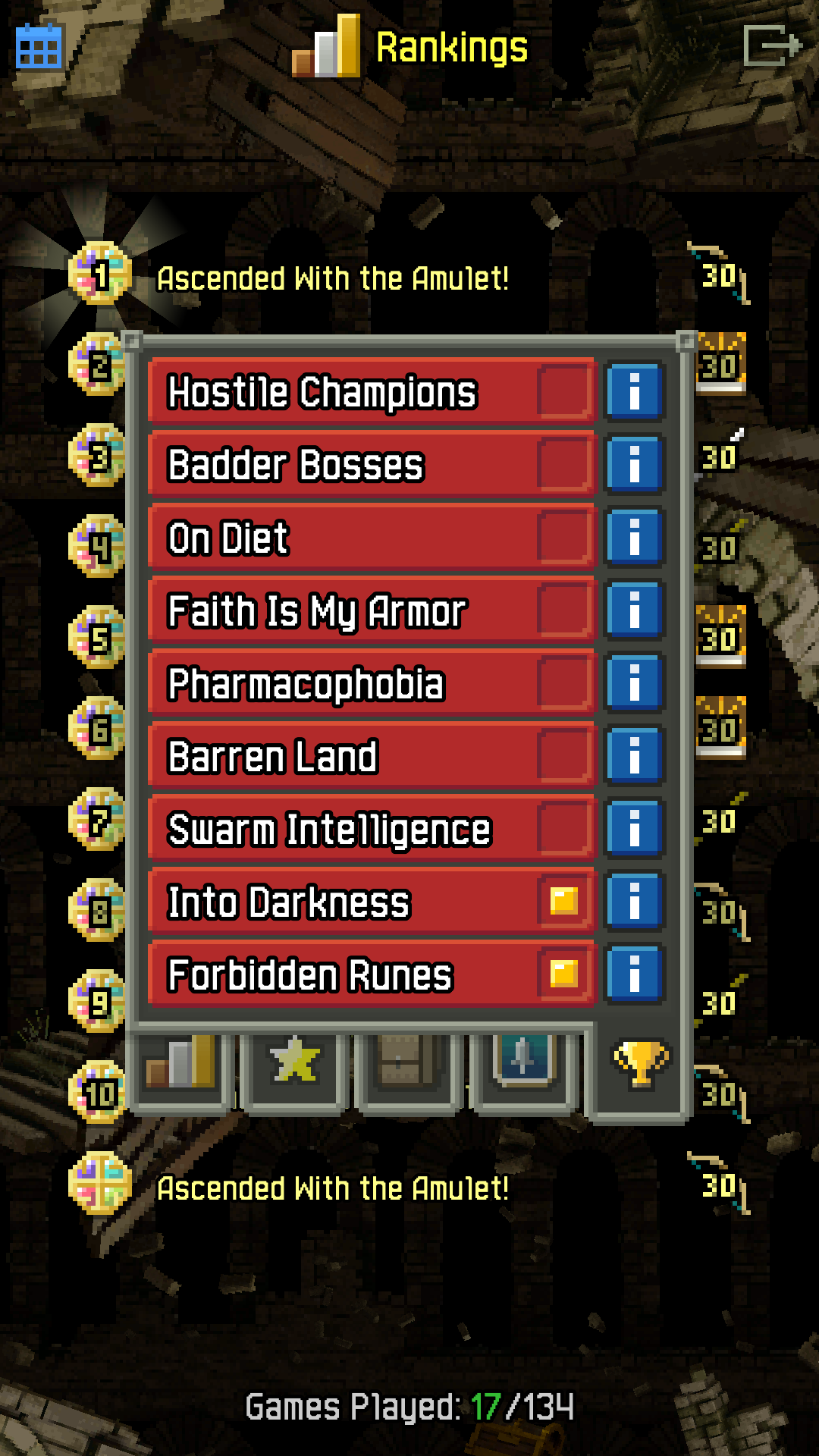 Selected challenges: 
Into darkness
Forbidden runes