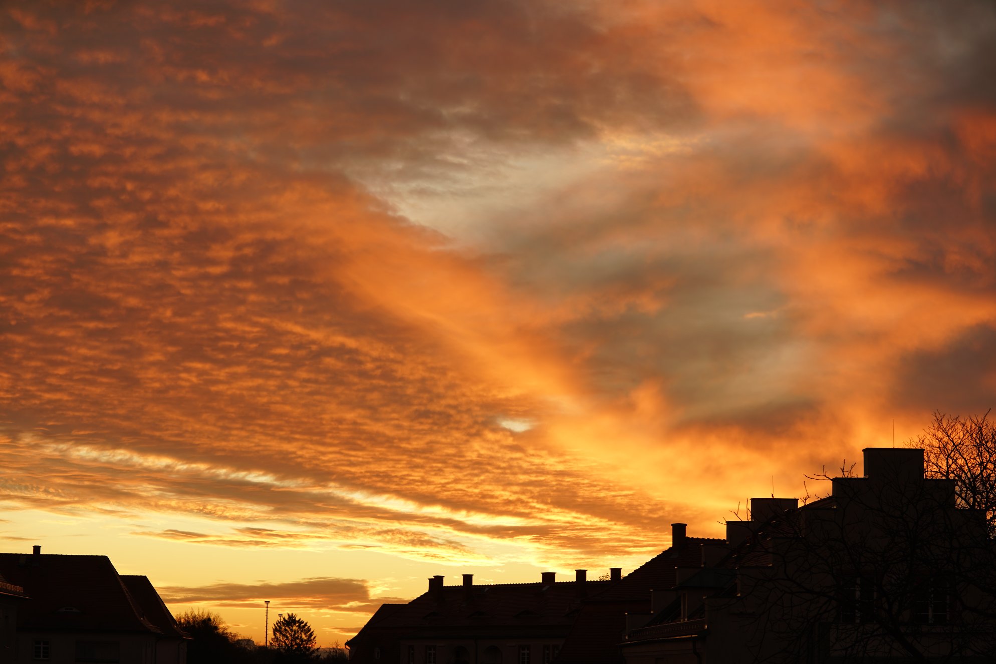 Gold-orange Wolken über Wohnhäusern, welche nur als Umrisse erkennbar sind 