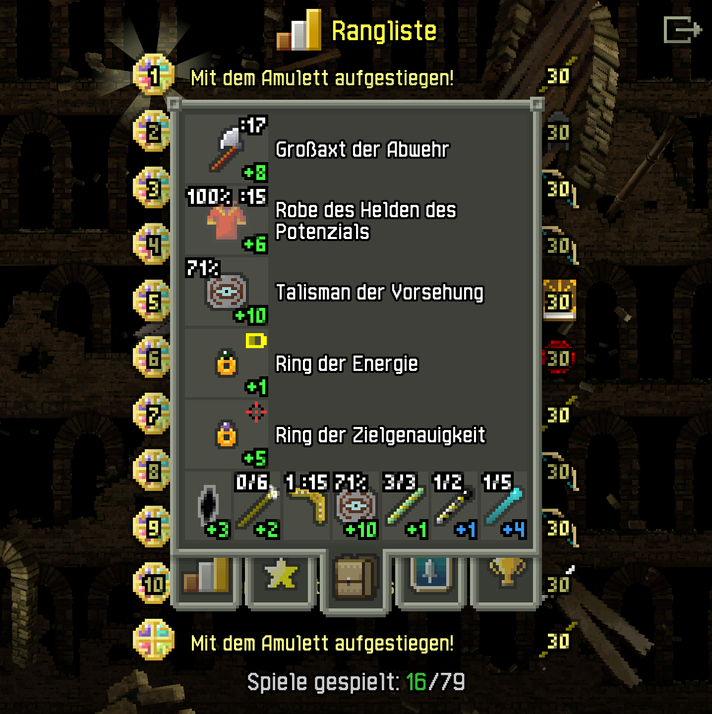 Gegenstände
Großaxt der Abwehr+8
Robe des Helden des Potentials +6
Talisman der Vorhersehung
Ring der Energie+1
Ring der Zielgenauigkeit+5

jede Menge Stäbe, wenige mit hohem Level, aber sie dienen eh mehr dazu Status-Effekte zu verteilen als Schaden anzurichten (außerdem Status-Boni immer und ständig)