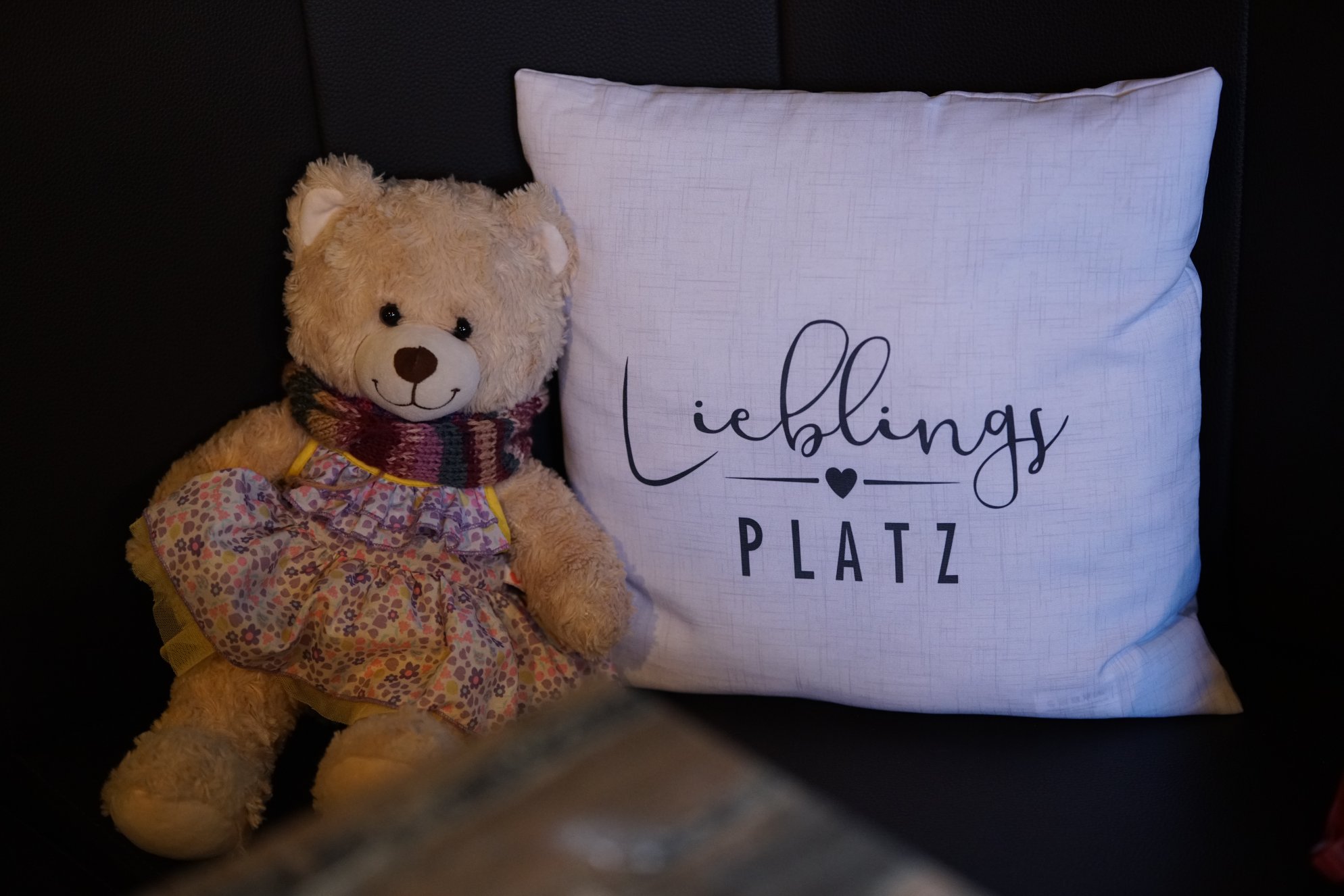 Teddy mit Kleid und Strickschal neben weißem Sofakissen mit Aufdruck "Lieblingsplatz"