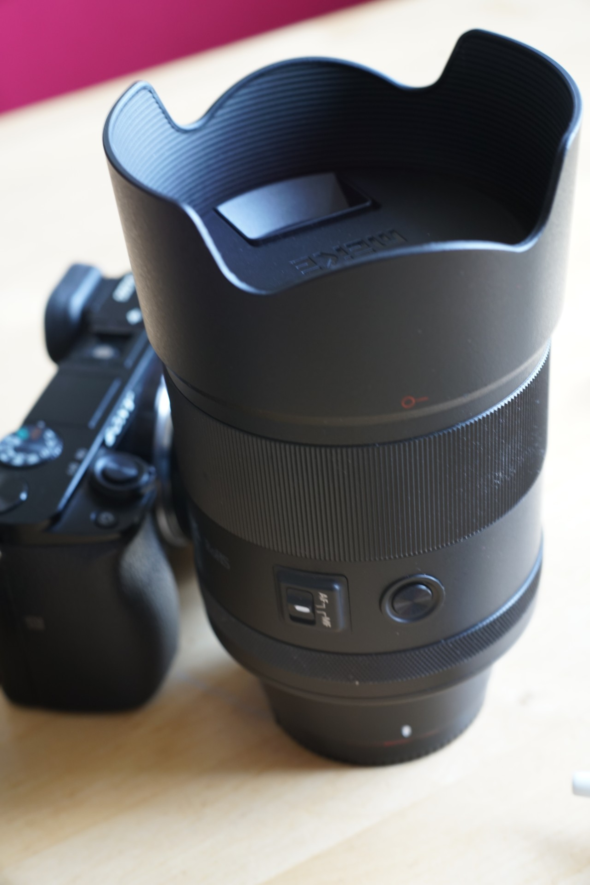 Objektiv für Größenvergleich, mit Streulichtblende neben die Alpha 6000 gestellt