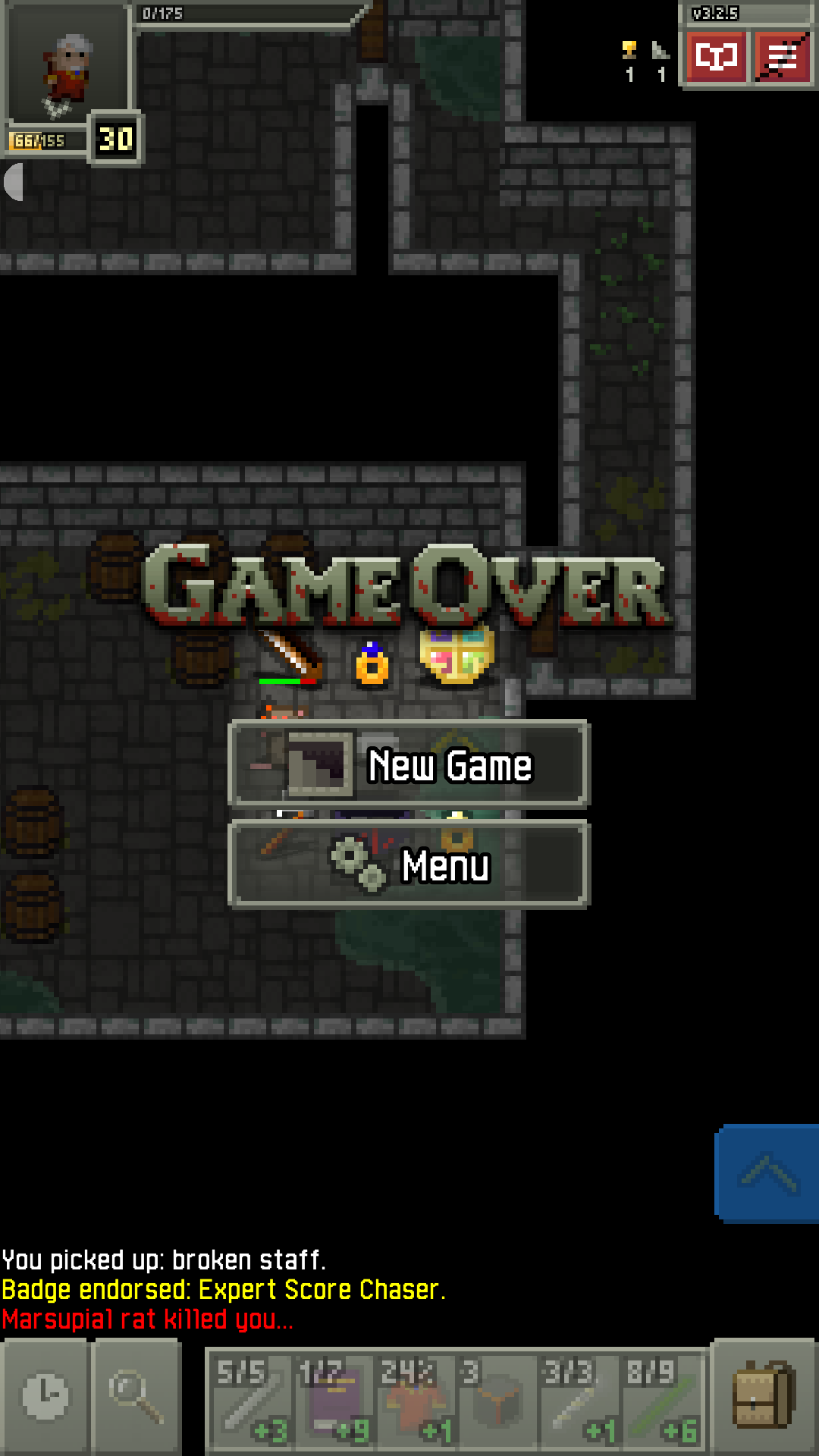 Game over screen, exit in sight